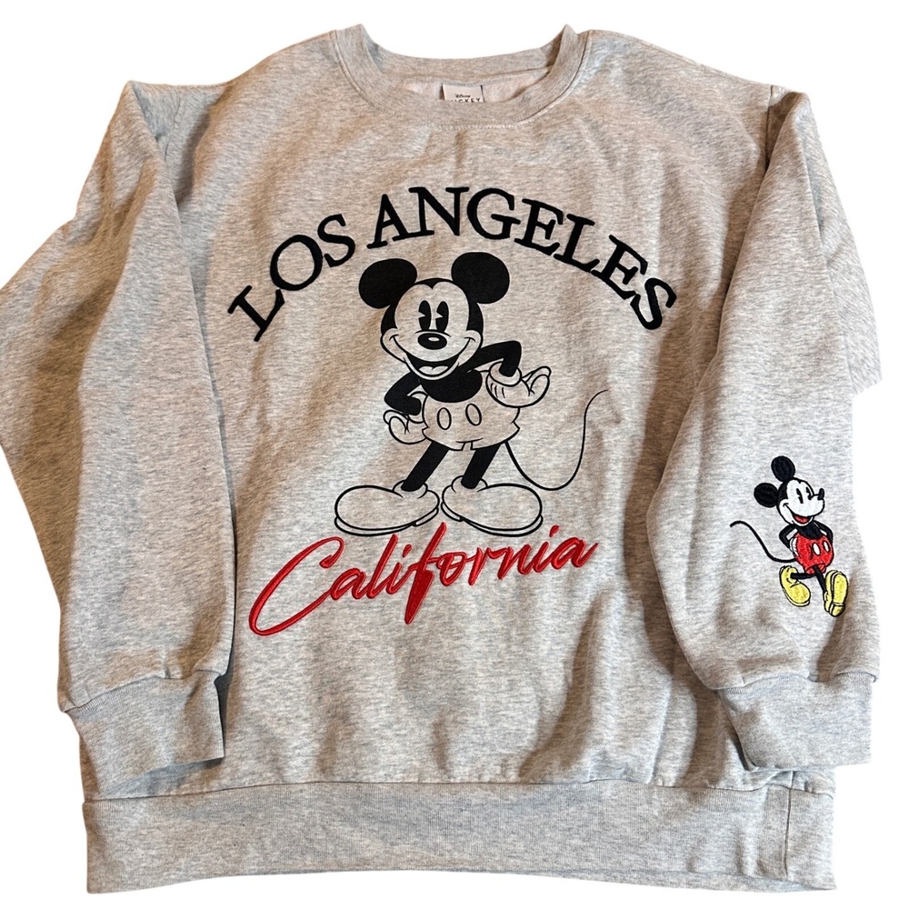 Disney Mickey Mouse Embroidered Sleeve Gray Crewneck Sweatshirt Heather Large